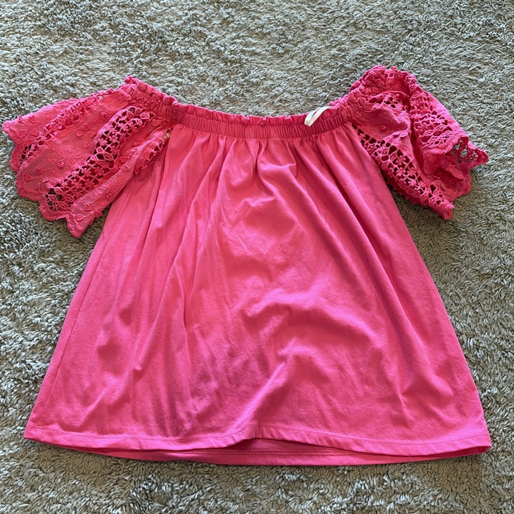 Lilly Pulitzer Pink Off-Shoulder Top with Lace Sleeves - Picture 6 of 6